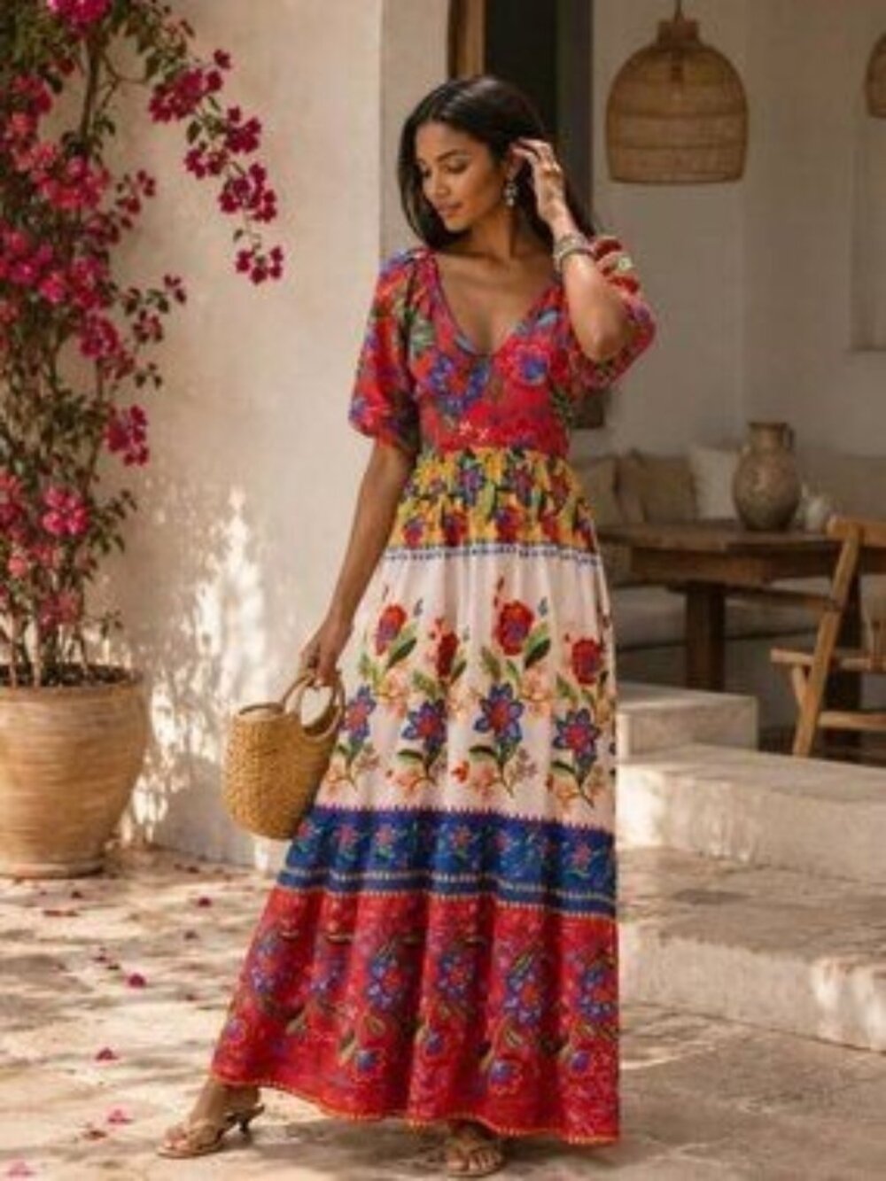 Johnny Was Red Floral Maxi Dress with Blue and Cream Paneling